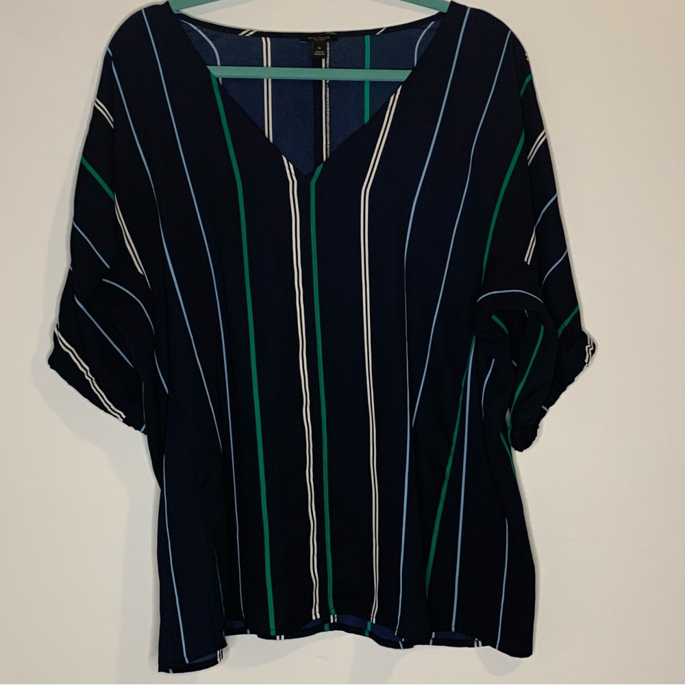 Ann Taylor Striped V-Neck Blouse - Navy and Green Size XL